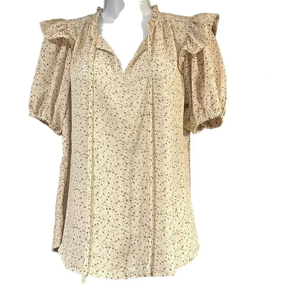 MINE Size Small Cream and Brown Blouse - Lightly Used - Gorgeous! - Picture 2 of 5